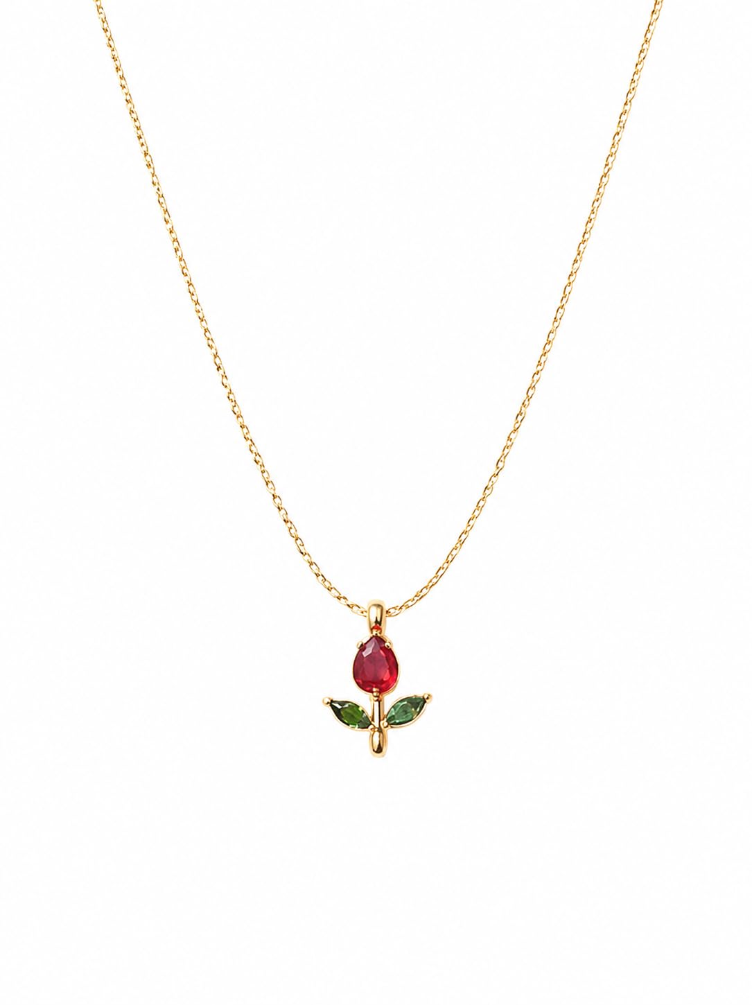 Gold-Tone Rose Pendant Necklace for Women with Red Crystal, Floral Charm Chain Stainless Steel Anti Tarnish Waterproof Hypoallergenic, Gift for Her
