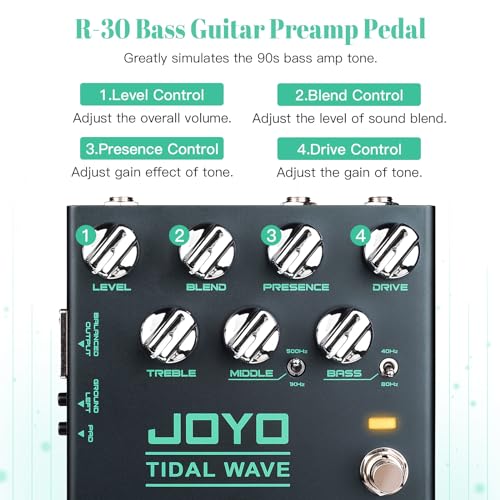 Image of JOYO Bass Preamp & DI Guitar Pedal, Blend Control with MID SHIFT /BASS SHIFT EQ, Drive & Presence, XLR DI Out & Cab Sim, Bypass (TIDAL WAVE R-30)