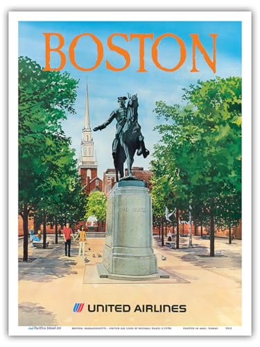 Boston Massachusetts - Paul Revere Monument - United Air Lines - Vintage Airline Travel Poster by Michael Hagel c.1970s - Master Art Print (Unframed) 9in x 12in