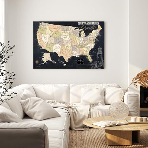 Image of IPIC - Vintage USA Travel Map, Pin Board Canvas Wall Art, Travel Map with Pins Included, Ready to Hang for Home or Office, 36x24 Inch
