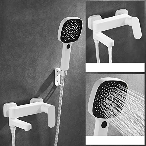 Robinet de bain avec douchette à main mitigeur mural blanc en laiton - 5