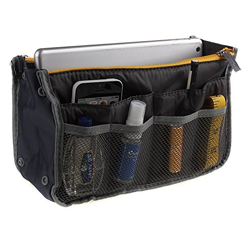 iPERB Handbag Organizer Liner Insert 13 Compartments Nylon Comestic Gadget Purse Multi-function Travel Makeup Pouch Organiser Tidy Pocket Double Zipper Case Toiletry Bag Grey