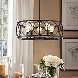 TSMKLEDAN 5-Light Black Farmhouse Chandelier, 20.5" Retro Metal Drum Pendant Light Height Adjustable