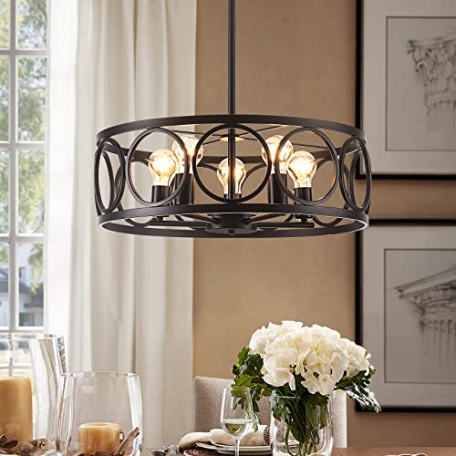 Tsmkledan 5-Light Black Farmhouse Chandelier, 20.5" Retro Metal Drum Pendant Light Height Adjustable, Vintage Pendant Light Rustic Chandelier For Dining Room Living Room Kitchen Island #TOP7