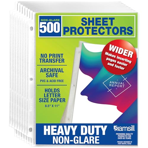 Image of Samsill 500 Pack Heavy Duty Sheet Protectors, Non-Glare, 8.5x11 Inch Page Protectors for 3 Ring Binder, Letter Size Protectors, Reinforced Holes, Non-Glare Document Sleeve, Acid Free, Top Loading