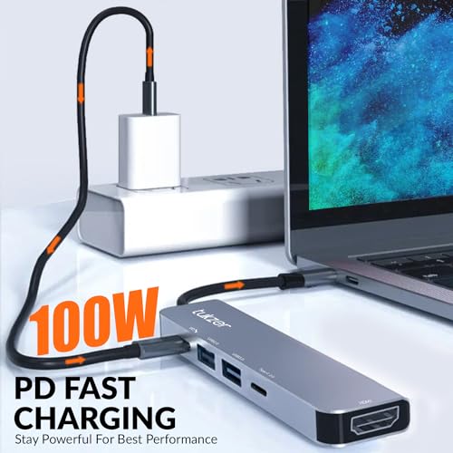 Image of Tukzer 5-in-1 Type-C Hub to HDMI 4K@30Hz, Type C 2.0, USB 2.0, USB 3.0 Data, 100W PD with 1000M Ethernet RJ45, MultiPort Adapter Compatible with MacBook Pro Air iPad, Dell, Other Type-C Device