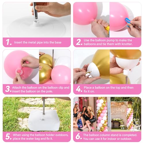 Image of 2 Sets Pink White Gold Balloon Column Stand Kit with 100 Balloons Adjustable Balloon Tower Stand with Bases for Floor Column Kit for Wedding Graduation Birthday Appreciation Party Decor