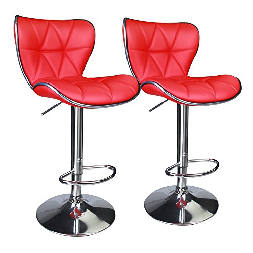 Shell Back Adjustable Swivel Bar Stools, PU Leather Padded with Back, Set of 2 (Red)