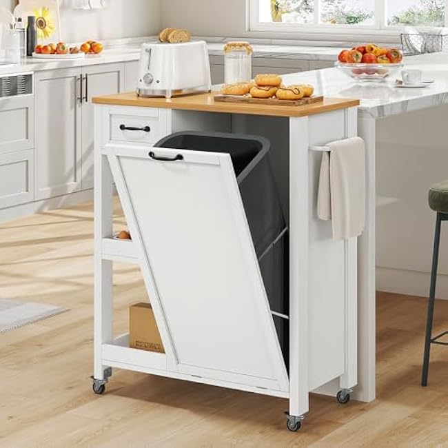 YITAHOME Kitchen Island Tilt-Out Trash Cabinet - Rolling Cart with Storage Shelves/Drawers, Fits 13 Gallon Bin, Oak & White-wyqd9zXK