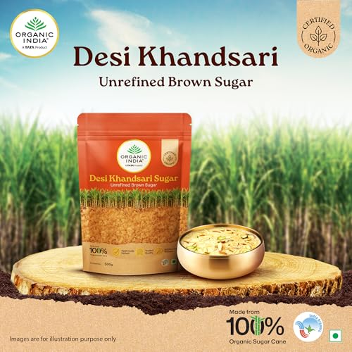 Image of A TATA Product - Organic India Desi Khandsari Sugar, Certified Organic Unrefined Brown Sugar, Made from Organic Sugarcane, Sulphur Free Process, Hygienically Packed, 500 g