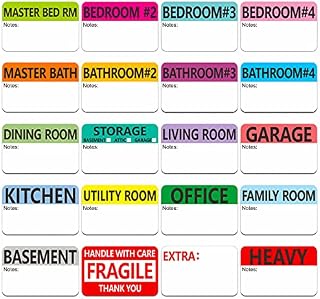 500 pcs 20 Designs Pre-Printed Color-Coded Home Moving Packing Box Labels with Writable Notes Areas, Each Measures 2 x 3