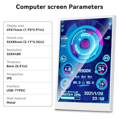Image of 3.5 Inch IPS USB Mini Screen No Installation AIDA64 Pc Case Screen Computer Temp Monitor PC Temperature Display with Stand, USB Cable, Manual (1Pcs,White)
