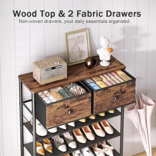 Image of INGIORDAR Shoe Rack Organizer 5 Tier Metal Organizer Shelf with Industrial MDF Board and Layer Fabric for Entryway Closet Bedroom Living Room Garage (Black+Rustic Brown, 5 Tier with 2 Drawers)