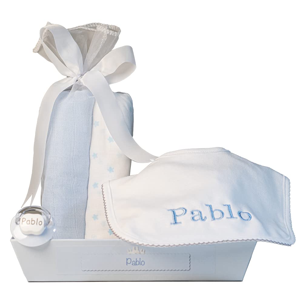 Regalos Originales para Bebés Recién Nacidos | Babero bordado con interior plastificado (Babero + 2 Muselinas | Azul) | BebeDeParis