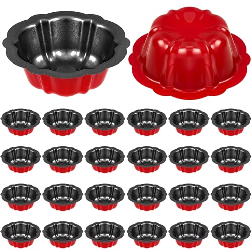 Ctosree 24 Pcs Mini Cake Pan 4 Inches Fluted Nonstick Carbon Steel, Red