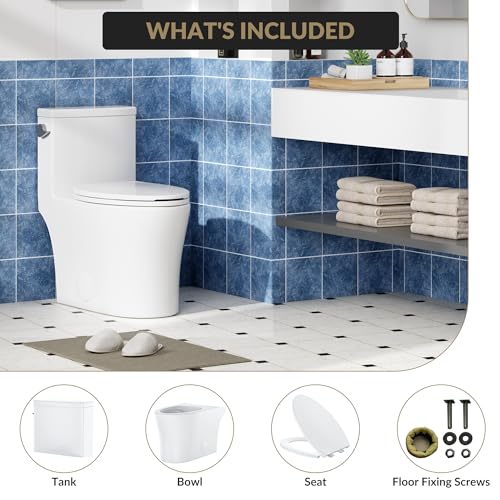 Inodoro de una pieza para baño con altura cómoda de 16 pulgadas, taza alargada con tapa de cierre suave, sistema de doble descarga y descarga potente miniatura 7