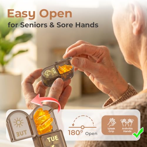 Image of Weekly AM PM Detachable Pill Organizer 2 Times a Day, Wear Resistant Large Print Medicine Pill Organizer for Arthritis, Seniors & Caregiver, Purse Travel Use - Brown