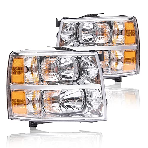 CNNELL Headlights Assembly Compatible with Chevy Silverado 1500 2007 2008 2009 2010 2011 2012 2013/2500 3500 2500HD 3500HD 2007 2008 2009-2014 Left+Right (Clear lens Chrome Housing Amber Reflector)