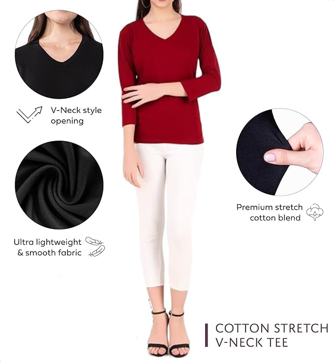 Image of Women's 3 /4 Sleeves Regular Fit V-Neck Cotton T-Shirt