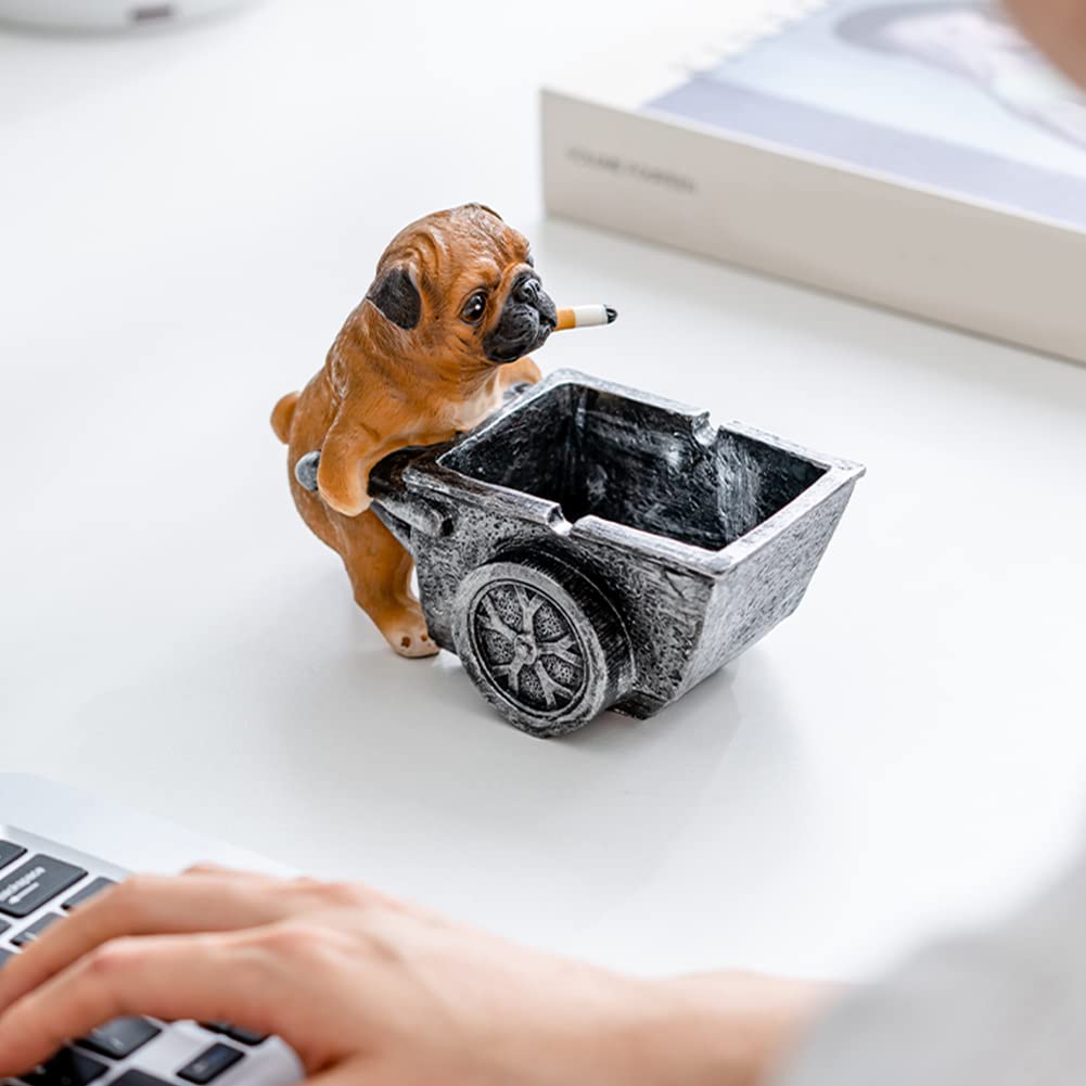 WAYUTO Smoking Bulldog Cigar Ashtray Resin Trolley Dog Cigarette Ashtray 2 Grooves Ash Holder Bully Dog Ash Tray Animal Statue Cool Dog Ashtray for Fathers Day Desk Patio Desktop Brown