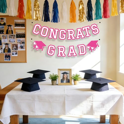 Image of Congrats Grad Banner Graduation Party Banner Decoration Hanging Garland High School College Backdrop Supplies HotPink