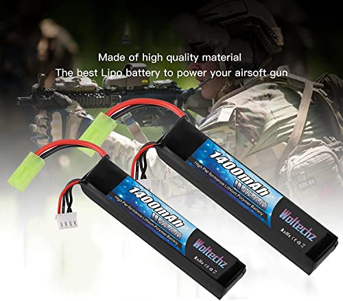 Woltechz 2 Pack Airsoft Battery 11.1V 1400Mah Rechargeable 3S 30C Lipo Battery With Mini Tamiya Connectors For Airsoft Model #TOP6