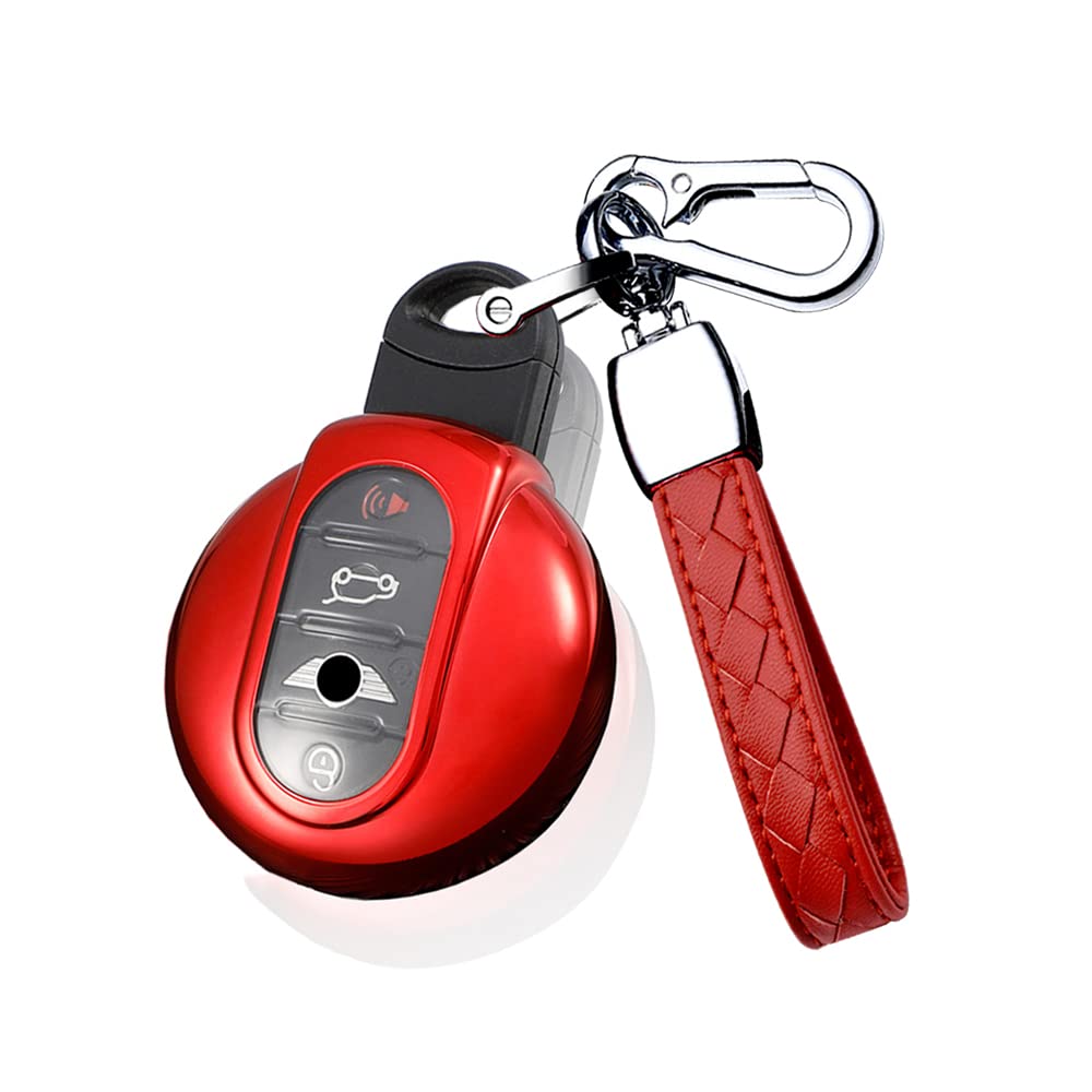 HIBEYO Custodia Per Chiave Auto In TPU, Adatta Per BMW Mini (F54 F55 F56 F57 F60). Protezione Antiurto E Graffio. Colore Rosso, Con Portachiavi Girevole. - 2