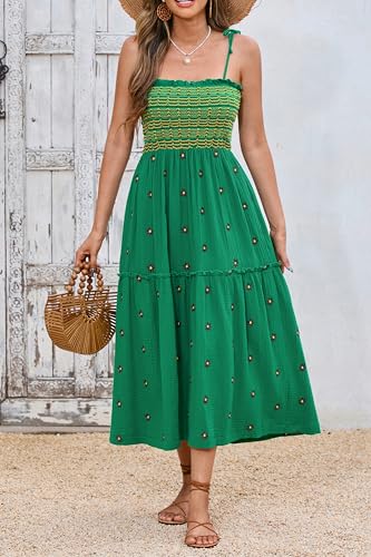 Image of R.Vivimos Womens Summer Cotton Boho Midi Dress 2026 Spaghetti Strap Floral Embroidered Smocked Tiered Flowy Long Dresses