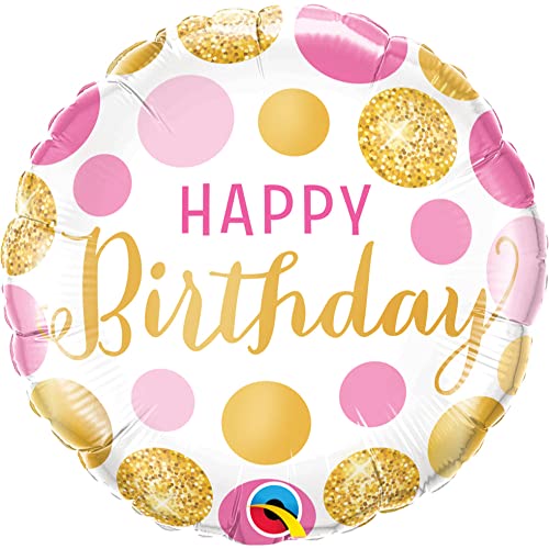 18 Inch Pink & Gold Dots Qualatex Happy Birthday Round Foil Balloon #TOP18