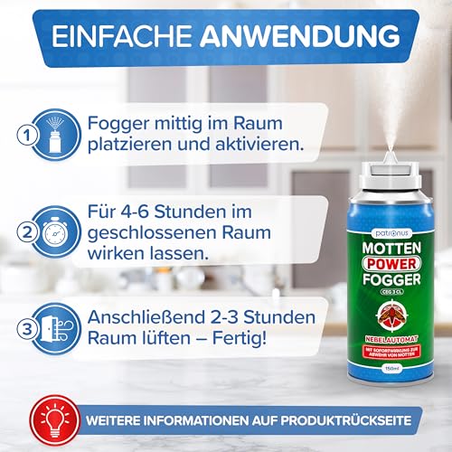 Patronus Motten Power Fogger - 150ml - effektiver Vernebler mit maximalem Sofortschutz gegen Motten, Kleidermotten, Lebensmittelmotten, für schwierig erreichbare Motten-Verstecke, deutsche Produktion
