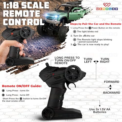 Image of Wembley Remote Control Car for Kids 4-12 Years, 1:18 RC Monster Truck 2WD with Dual Spray Smoke, LED Lights, 2.4GHz Long Range Remote Car, Alloy Body Off Road Toy Car, Rechargeable Type C SUV (Green)