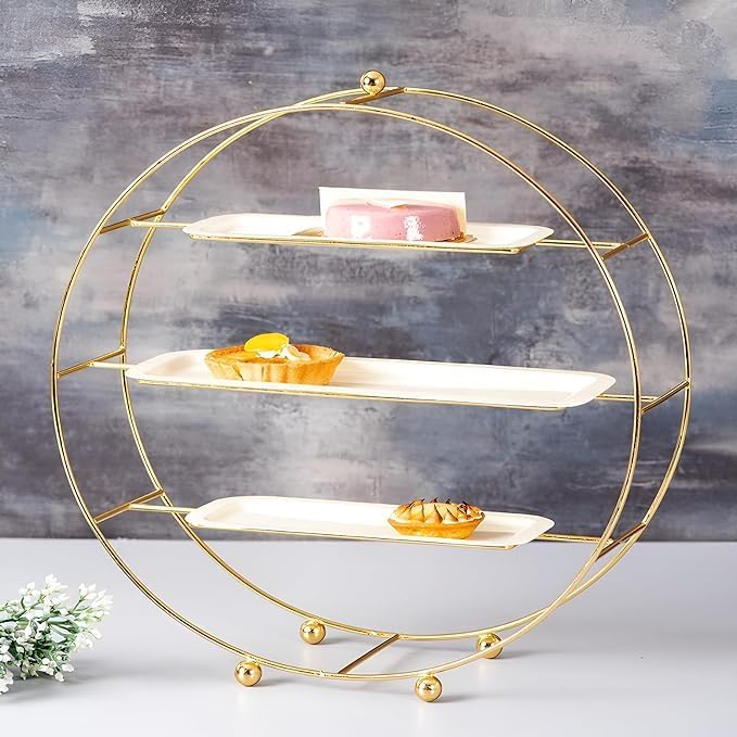 Image of World Fireᵀᴹ Metal Cake Stand Handicrafts Buffet Server Organiser 3 Tier Cake Stand for Dining Table Cup Cake & Dessert Stand with 3 Shelves (Gold), Round, Stainless Steet