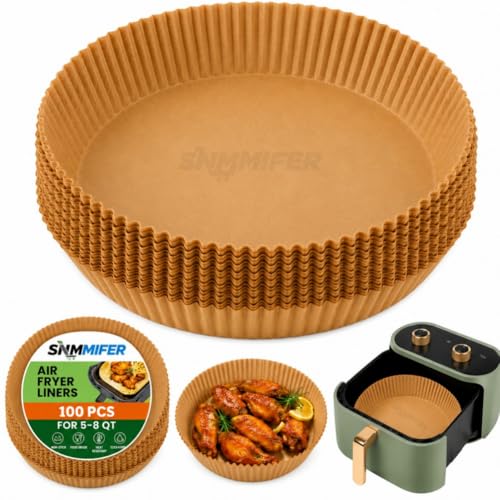 Image of SNMMIFER 100 Pcs Round Air Fryer Paper Sheets, Disposable Parchment Airfryer Paper Sheets, Air Fryer Liners for 5-8 QT, Oil-Proof, Heat Resistant for Frying, Baking, Cooking, Roasting and Microwave