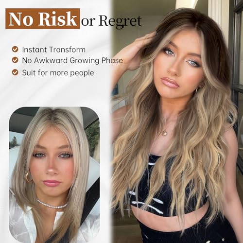 Image of AISI HAIR Ombre Dirty Blonde Wig for Women, Long Wavy Lace Hairline Middle Part Synthetic Wig for Daily Party-26 Inch