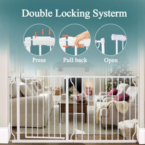 Image of ALLAIBB Extra Wide Pressure Mounted Baby Gate Walk Through Child Kids Safety Toddler Tension White Long Large Pet Dog Gates with Extension for doorways Kitchen (52.76-57.48 inch /134-146cm)