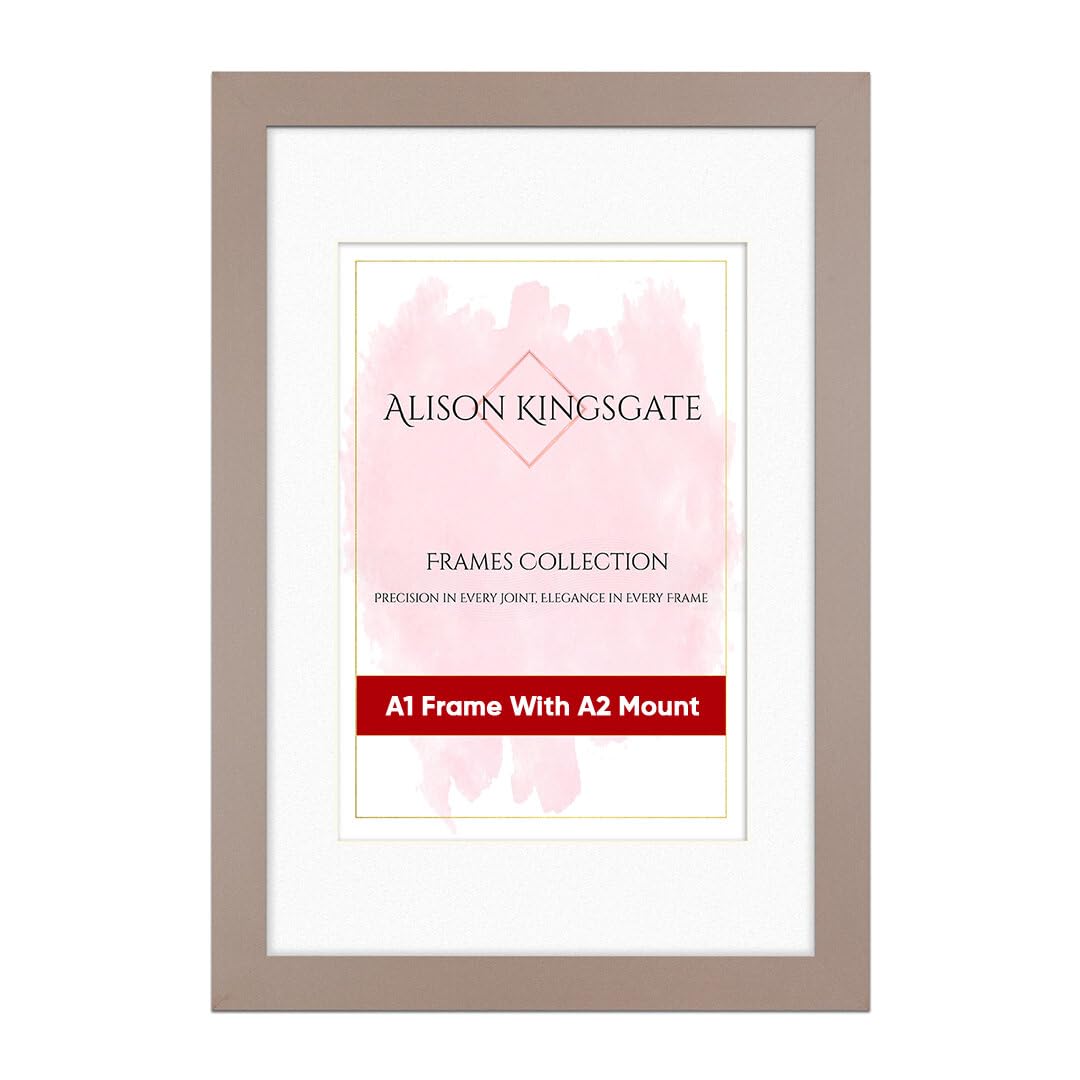 Alison Kingsgate A1 Rose Gold Picture Frame with Mount for A2 Photo - Engineered Wood Photo Frame with Precision Cut Cardboard Mount - Ideal for Posters - Sizes & Colours Available