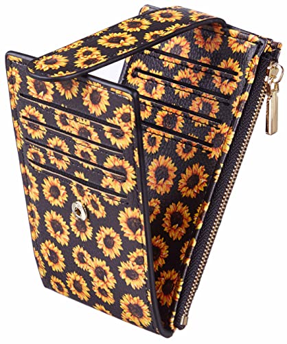 Image of Chelmon Women's RFID Slim Card Holder Wallet | Thin Bifold Multi Card Case with Zipper Coin Pocket Purse for Women(Sunflower)