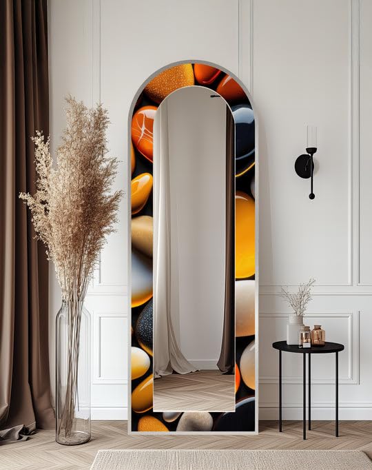 Zen & Spa Stones - Specchio da pavimento ad arco a lunghezza intera, con cornice nera e cornice dorata