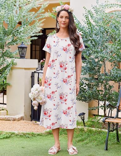 Ekouaer 3 Pack Long Nightgowns for Women Full Length Short Sleeve Nightshirt Soft Plus Size Sleepwear Casual Loungwear4