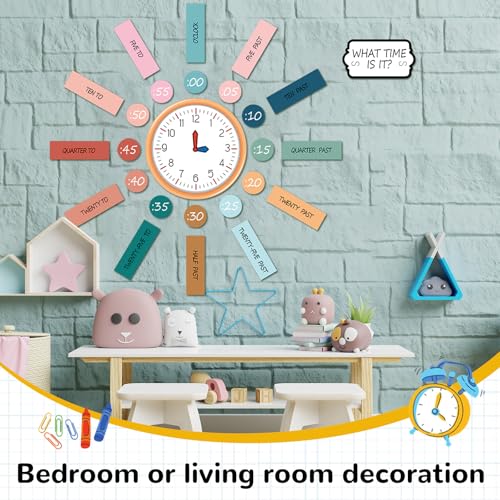 Image of Kosiz 55 Pcs Boho Telling Time Bulletin Board Kit Teaching Clock for Kids Back to School Analog Clock Number Labels Learn to Tell Time Practice Prop 1st 2nd 3rd Grade Classroom Home Supply