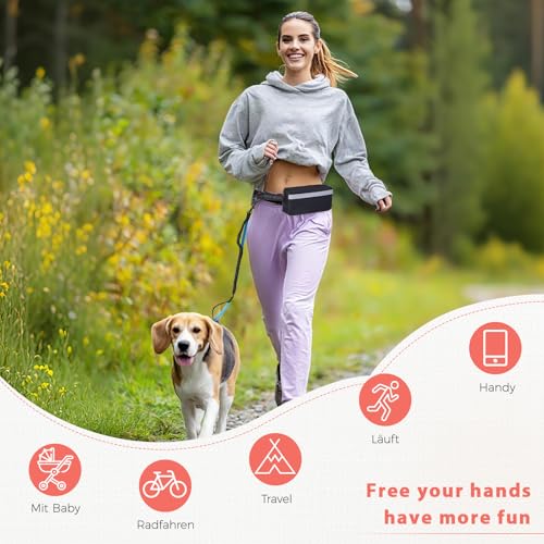Joggingleine Hunde,Freihändig,Verstellbarer Bauchgurt hundeleine, Zwei gepolsterte Griffe,Stoßdämpfende, elastische,Abnehmbare reflektierende Hüfttasche,Joggen/Laufen Für Hunde bis 50 kg,Schwarz