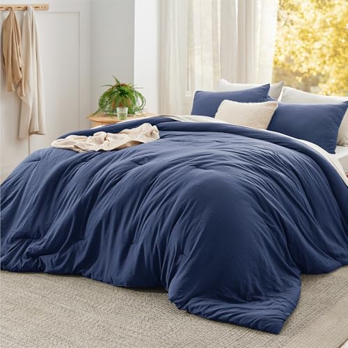 Image of Bedsure Super King Plus Comforter Set, Navy Soft Prewashed Bedding for All Seasons, 3 Pieces GentleSoft Bed Set, 1 Lightweight Comforter (128 inchx120 inch) and 2 Pillowcases (20 inchx36 inch)