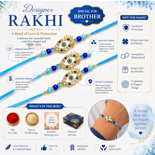 Image of EITHEO Blue Evil Eye Rakhi for Brother, Handmade Designer Raksha Bandhan Thread with Gold Finish Charm & Decorative Beads, Roli Chawal, Chandan & Mishri (Pack of 2)