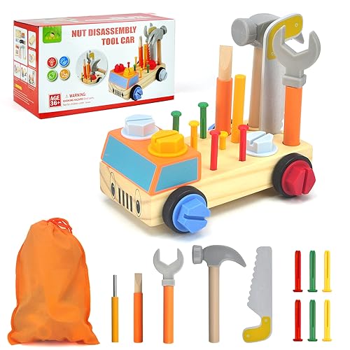 ACCXFEK Wooden Toys Kids Tool Set - Montessori Toys for 3 year olds and Up, 29PCS Fine Motor Skills Toys Tool Set for Toddlers, Kids Tool Kit Screwdriver Board with Storage Bag for Boys Girls