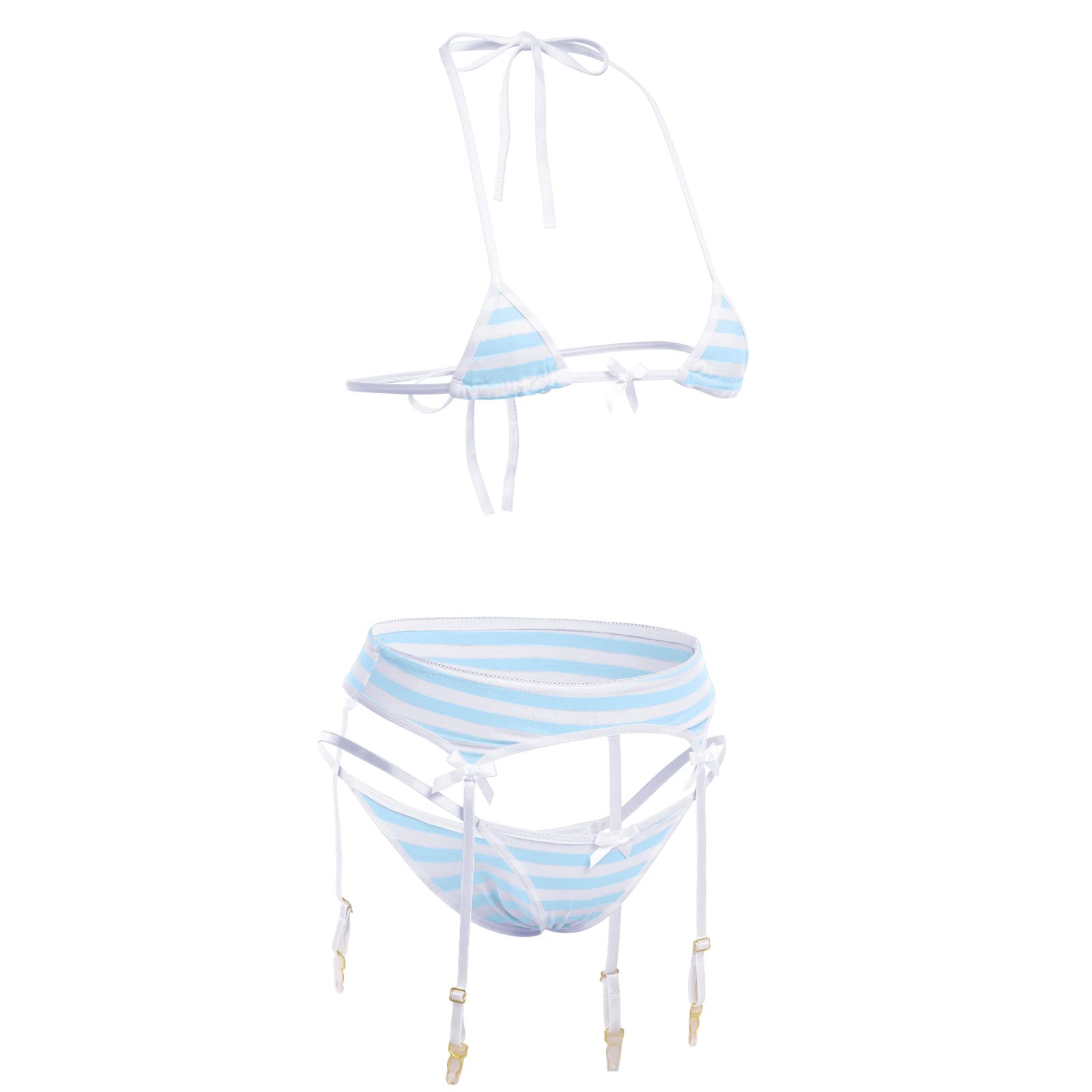 ABAFIP Women Cute Kawaii Striped Bikini Lingerie set Micro Tiny Bra G-string Panty/Garter Belt 2Pcs / 3Pcs Underwear: One Size Blue - 3pcs