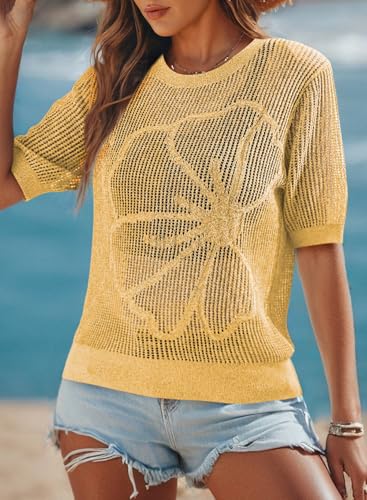 Image of Dokotoo Womens Summer Short Sleeve Crochet Tops Hollow Out Floral Sweaters Beach Vacation Cruise Outfits