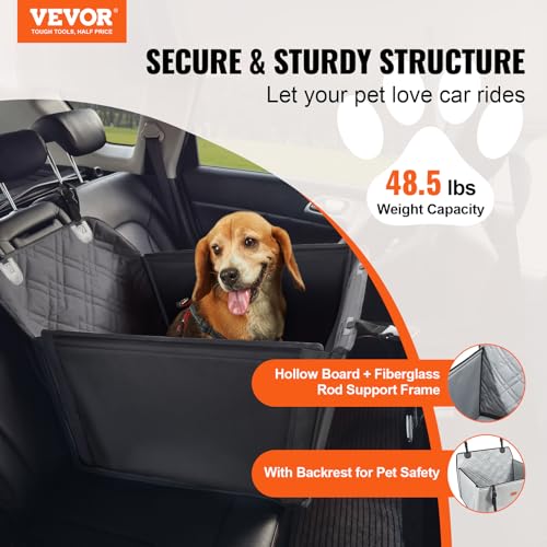 VEVOR Autositz Hunde 75 x 58 x 50 cm, Hundeautositz mit Stützrahmen, Haustierautositz mit ansteckbarer Sicherheitsleine, Baumwollfüllung, Rücksitz für kleine mittele Hunde bis 22 kg, Schwarz