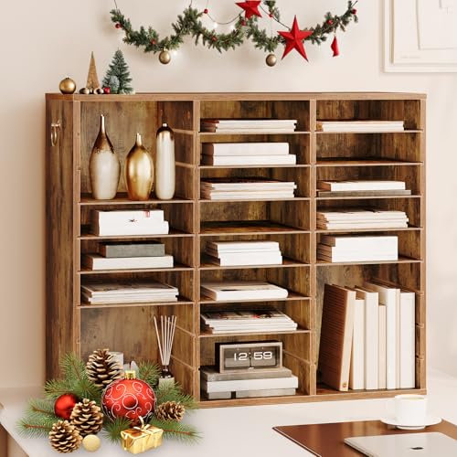 HOOBRO Literature Organizer, 27 Compartments Wooden Mail Organizer, Countertop Literature Sorter with Adjustable Shelves for Home, Office, School, Student Mailbox for Classroom, Rustic Brown FG27WF01