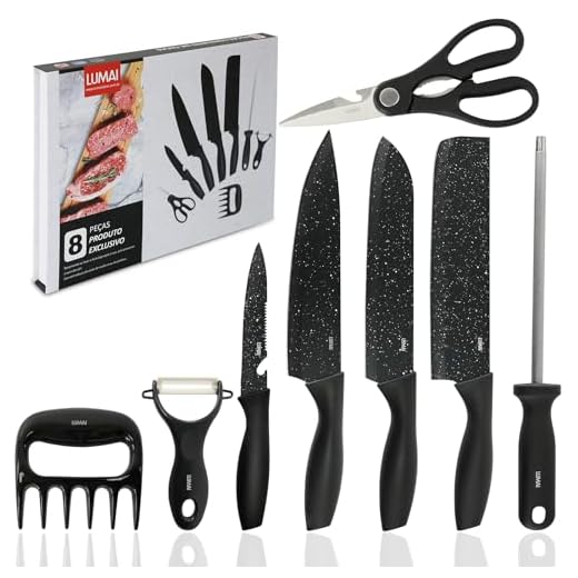 Conjunto de Facas 8 acessórios para Churrasco Cozinha de Aço Inox LUMAI Kit Completo do Chef com Facas Amolador Garra de Carne (Preto Granulado)