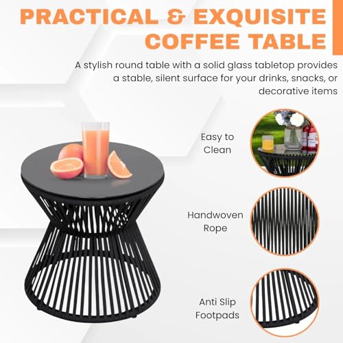Image of LOCCUS 3-Piece Outdoor Patio Furniture Set | 2 Rope Wicker Chairs + 1 Round Glass-Top Side Table | All-Weather Rattan Conversation Set for Balcony, Garden & Patio | Comfortable & Compact Design